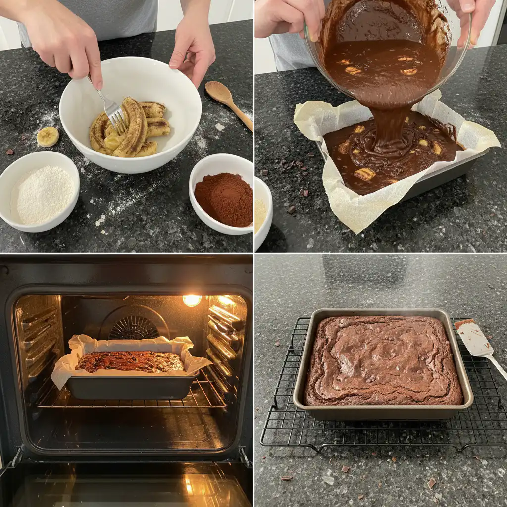 A bowl of mashed ripe bananas being mixed into brownie batter for a batch of banana bread brownies.