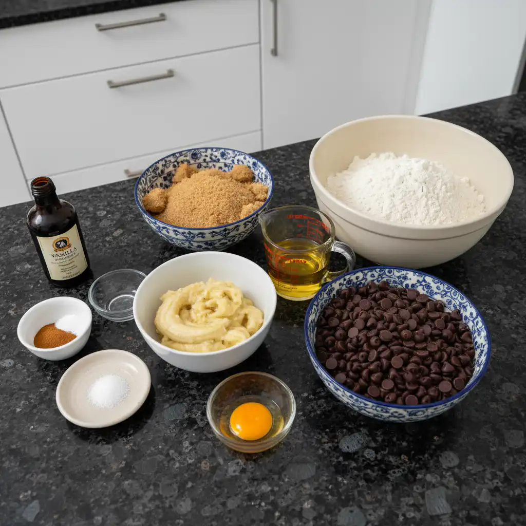 Key ingredients for banana bread chocolate chip cookies, including ripe bananas, chocolate chips, flour, and sugar, laid out on a counter.