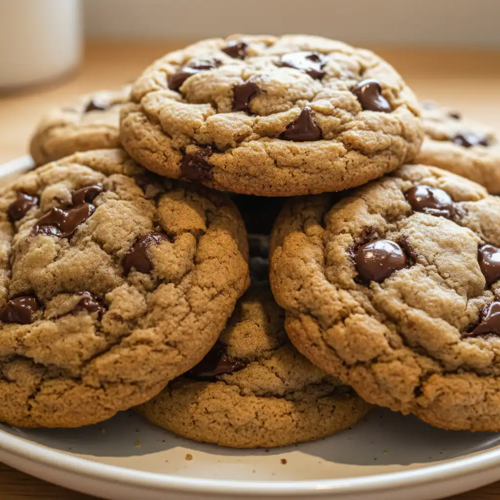 Freshly baked banana bread chocolate chip cookies on a cooling rack, golden brown and soft.