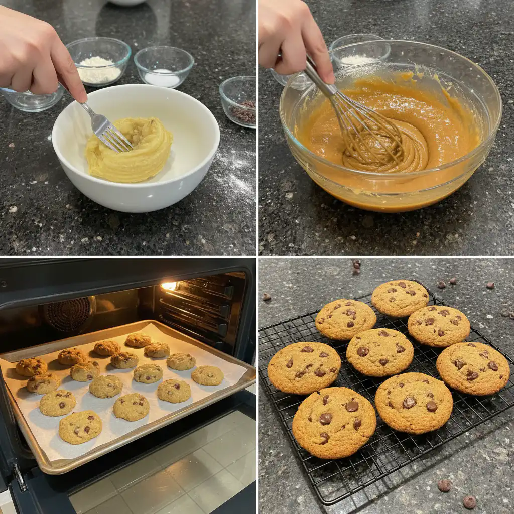Mixing the rich, sweet dough for banana bread chocolate chip cookies in a bowl with a spatula, showing incorporated ingredients.