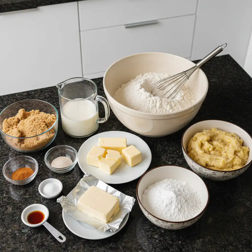 banana-bread-cinnamon-rolls-ingredients A vibrant flat lay of fresh bananas, flour, sugar, and spices, representing the ingredients for banana bread cinnamon rolls.