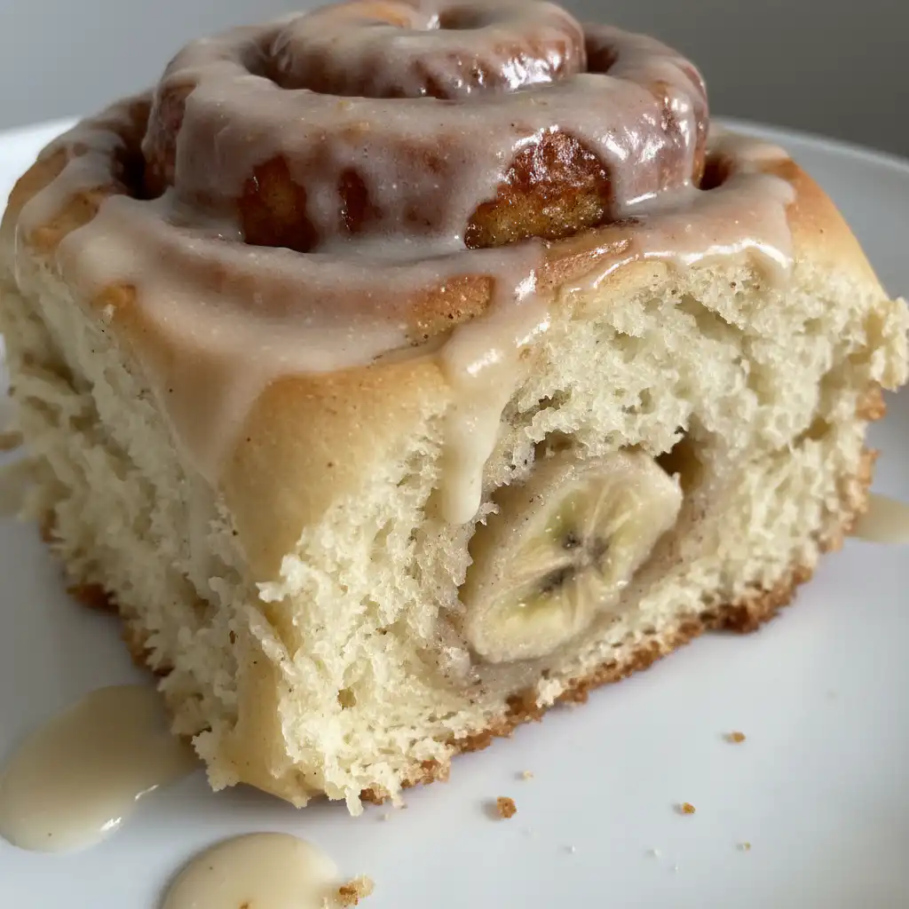 Soft Banana Bread Cinnamon Rolls: Perfect Breakfast 2 A close-up of warm, gooey banana bread cinnamon rolls with cream cheese frosting, ready to be enjoyed.