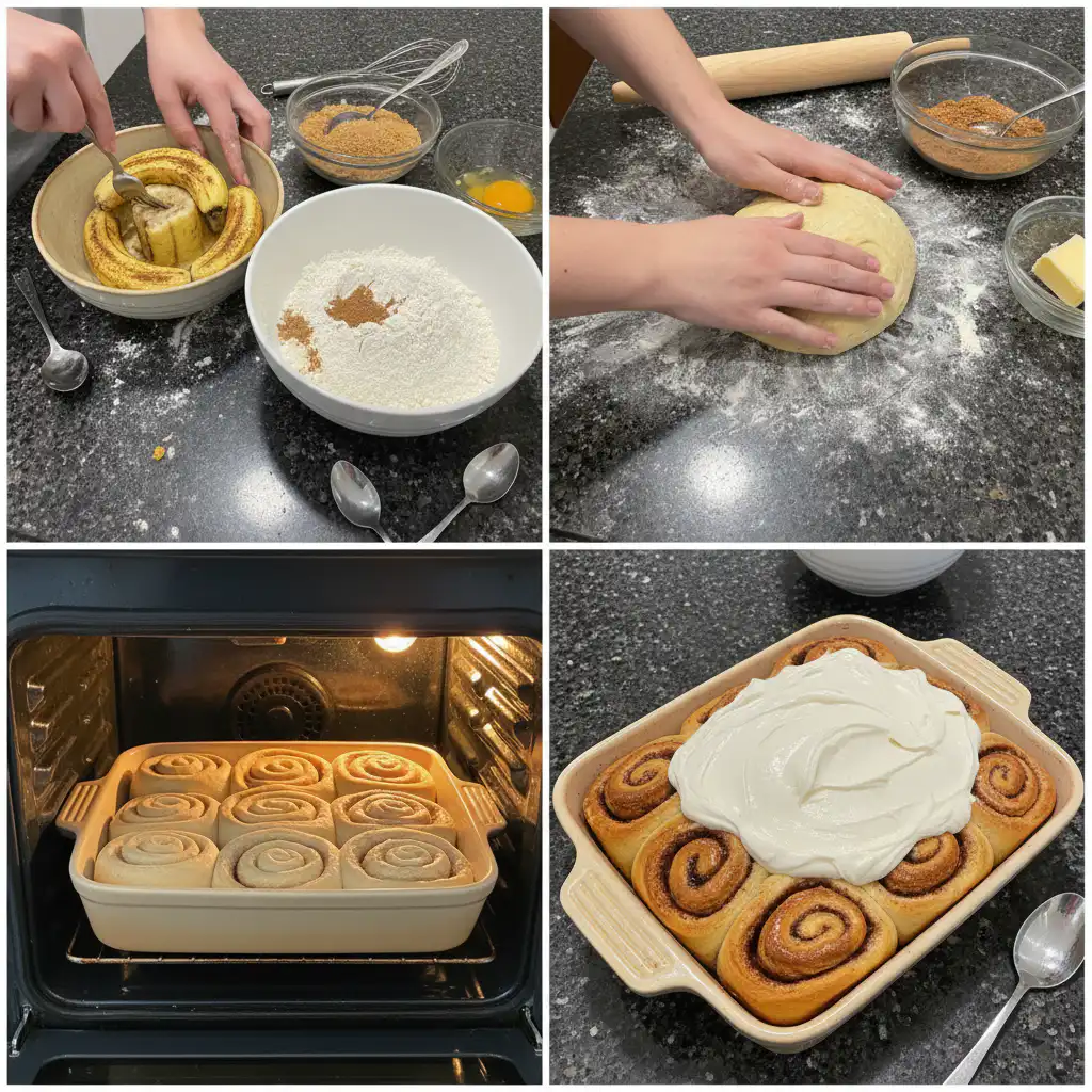 banana-bread-cinnamon-rolls-prep Hands carefully spreading a rich banana and cinnamon sugar filling over rolled-out dough for banana bread cinnamon rolls.