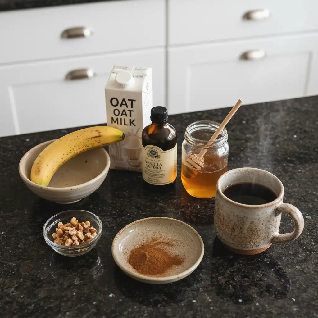 Ingredients for a delicious banana bread latte including ripe bananas, espresso, and spices.
