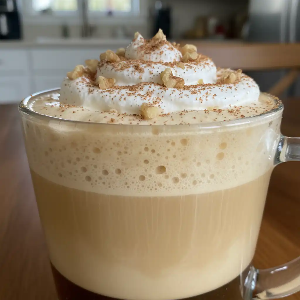 Creamy banana bread latte topped with whipped cream and cinnamon, perfect for a cozy morning.