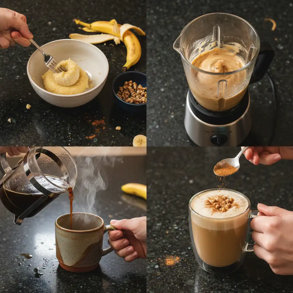 Pouring steamed milk into a banana bread latte base during preparation.
