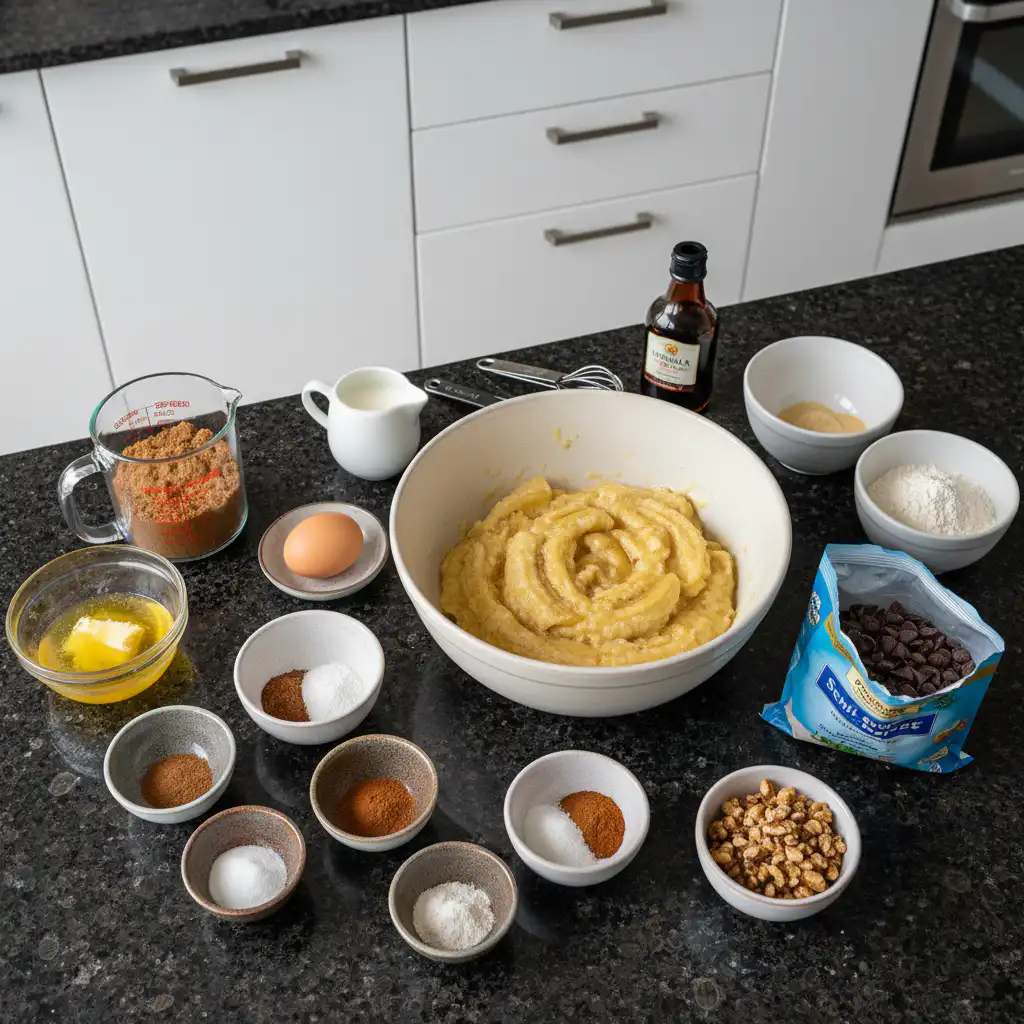 banana-bread-muffins-ingredients All the fresh ingredients for making banana bread muffins, including ripe bananas, flour, sugar, and spices, neatly arranged on a counter.