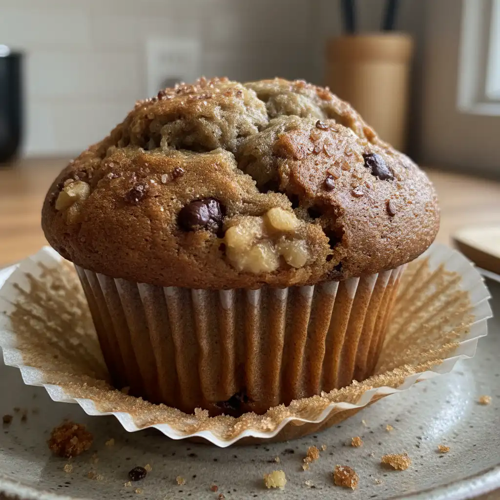 Golden-brown banana bread muffins with a crumble topping, fresh out of the oven, arranged on a cooling rack.