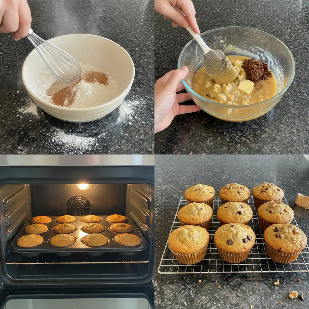 banana-bread-muffins-prep Hands mixing ripe mashed bananas with wet ingredients in a bowl, preparing the batter for banana bread muffins.