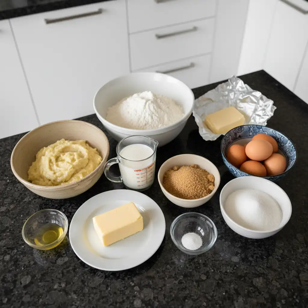 A rustic display of fresh ripe bananas, flour, sugar, eggs, and butter, all ingredients for a moist banana cake recipe.