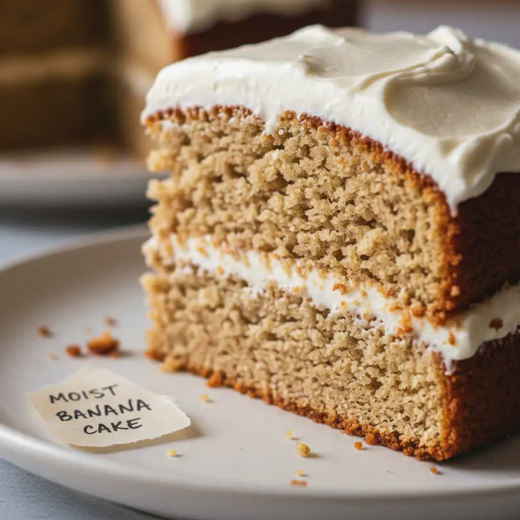A generous slice of golden-brown, moist banana cake on a white plate, topped with creamy, sweet cream cheese frosting.