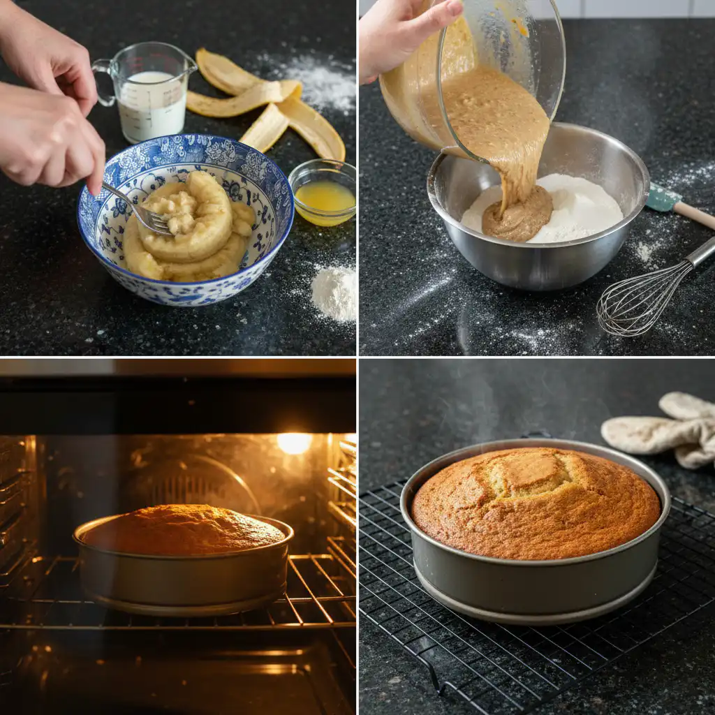 Hands mixing a thick, golden batter in a large bowl with a whisk, preparing the base for a moist banana cake.