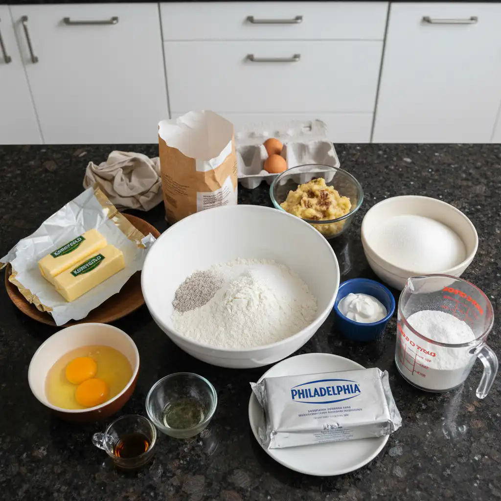 Fresh ingredients for a banana cake with cream cheese frosting laid out on a wooden board.