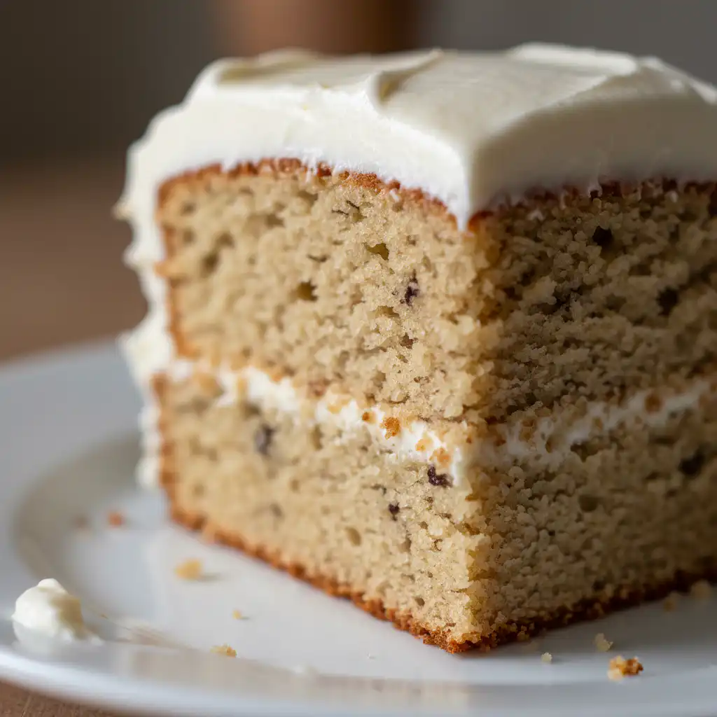 A slice of moist banana cake with cream cheese frosting on a white plate, garnished with a banana slice.