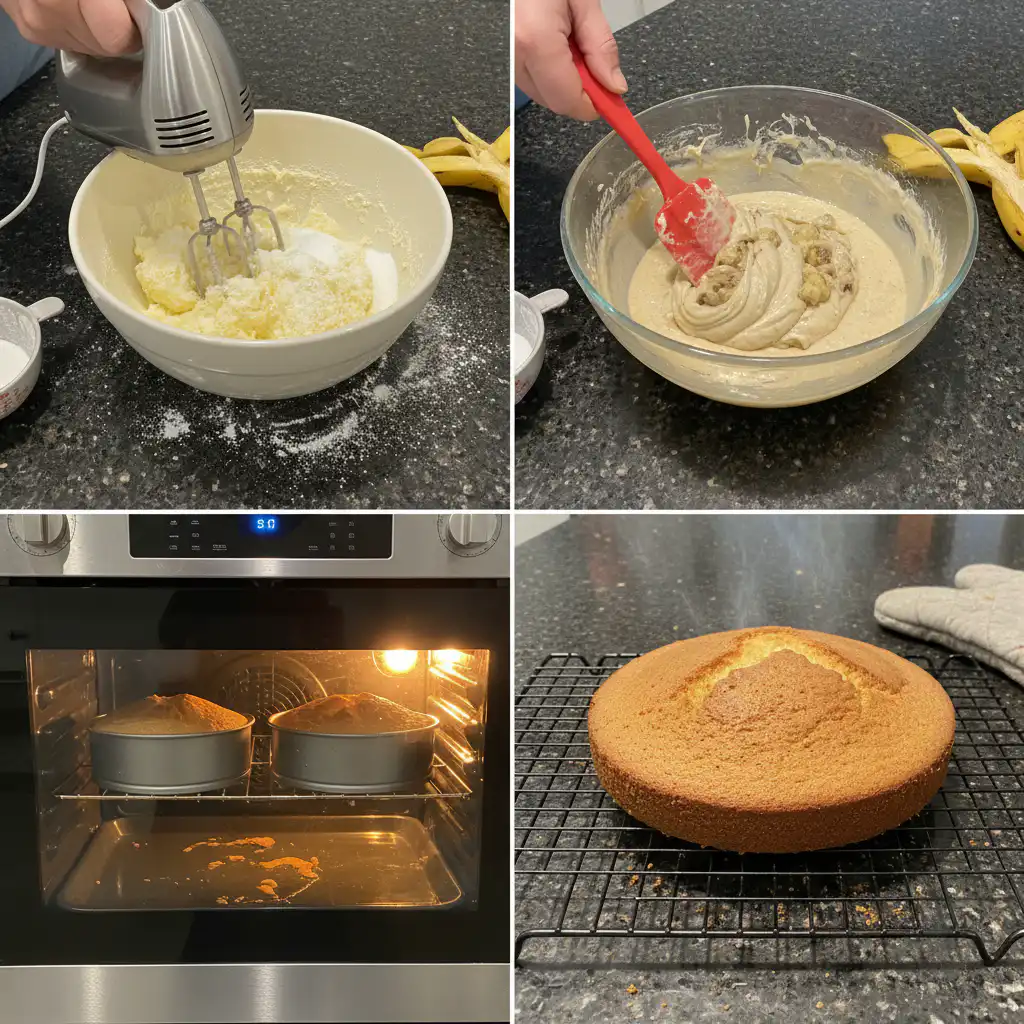 Hands mixing yellow banana cake batter in a large glass bowl with a spatula.