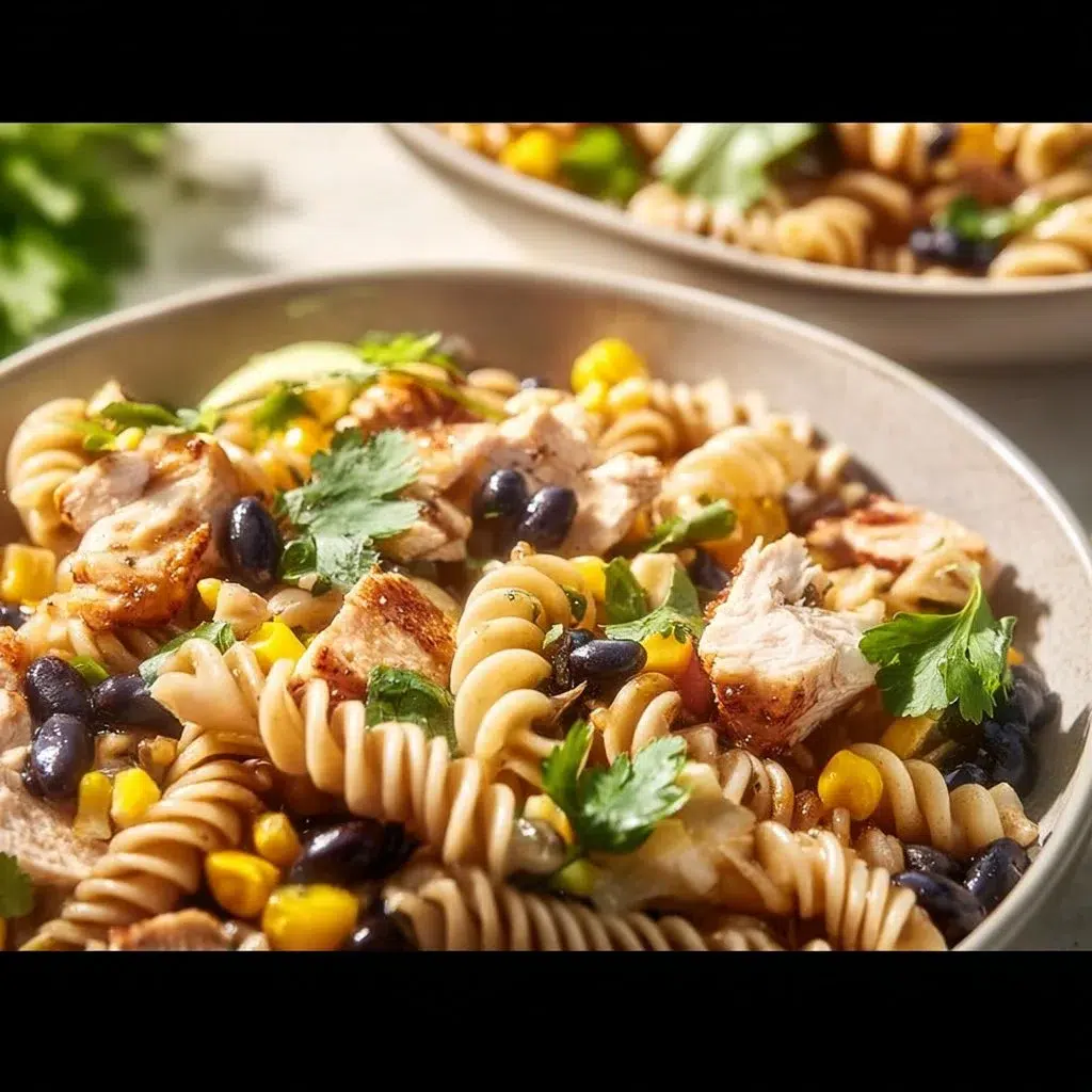 Delicious BBQ chicken pasta salad served in a bowl