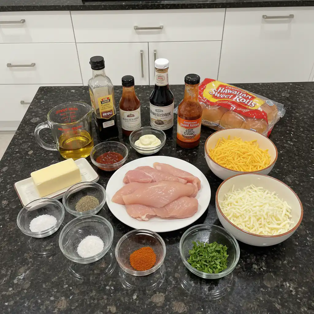 Fresh ingredients laid out: shredded bbq chicken, a pack of Hawaiian rolls, cheddar cheese, and cilantro for delicious bbq chicken sliders.
