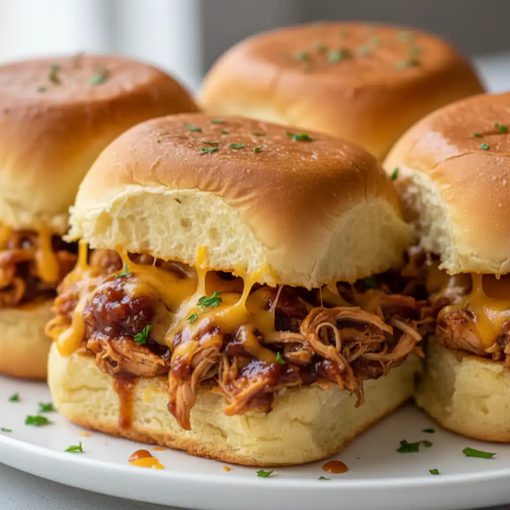 Perfectly baked bbq chicken sliders on sweet Hawaiian rolls, topped with melted cheese and fresh cilantro, ready to serve.