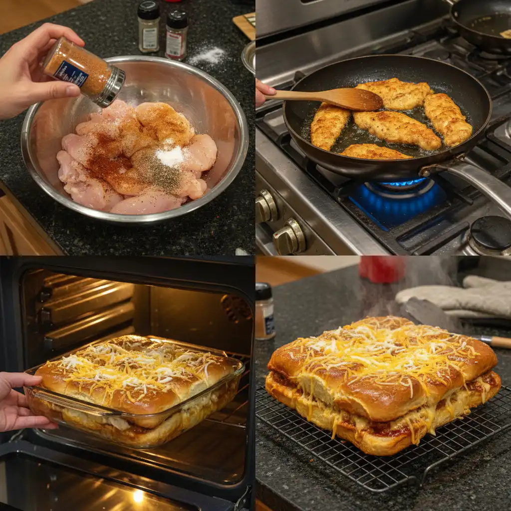 Hands carefully assembling juicy bbq chicken sliders on sweet Hawaiian rolls, layering chicken and cheese before baking.