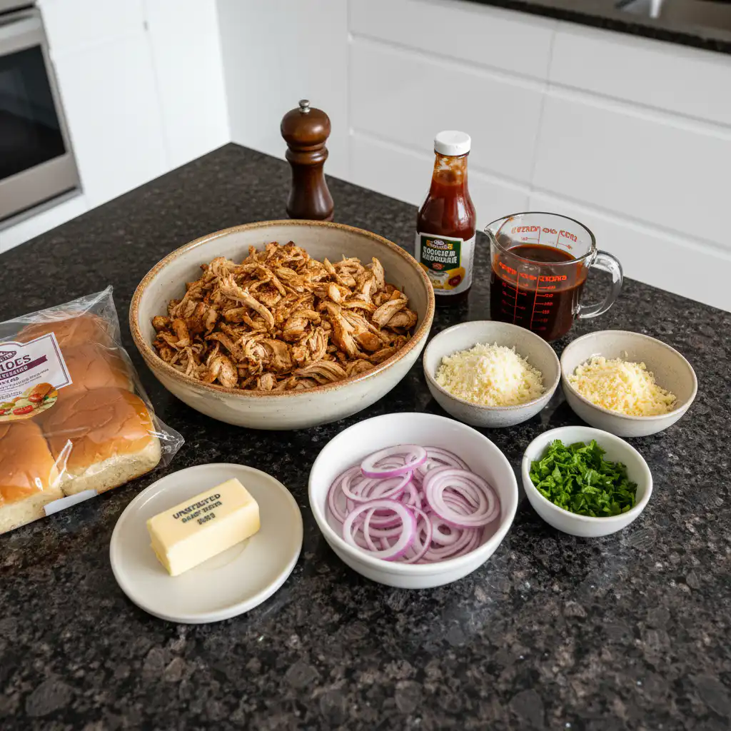 bbq-chicken-sliders-ingredients Fresh ingredients for bbq chicken sliders laid out on a rustic wooden board, including cooked chicken, slider buns, and BBQ sauce.