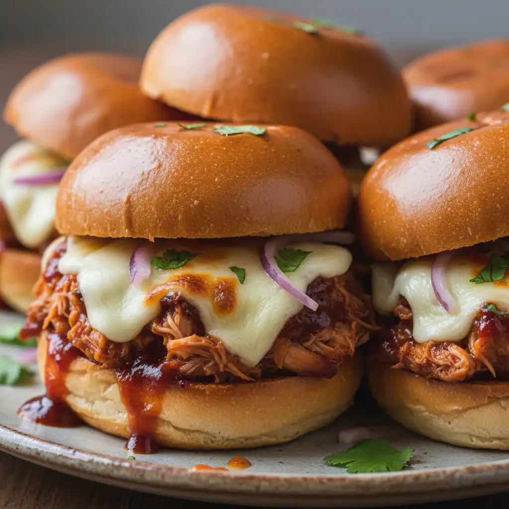 Every Meal, Made Irresistible 8 A colorful platter of bbq chicken sliders arranged neatly, topped with melted cheese and fresh green cilantro, ready to be served.