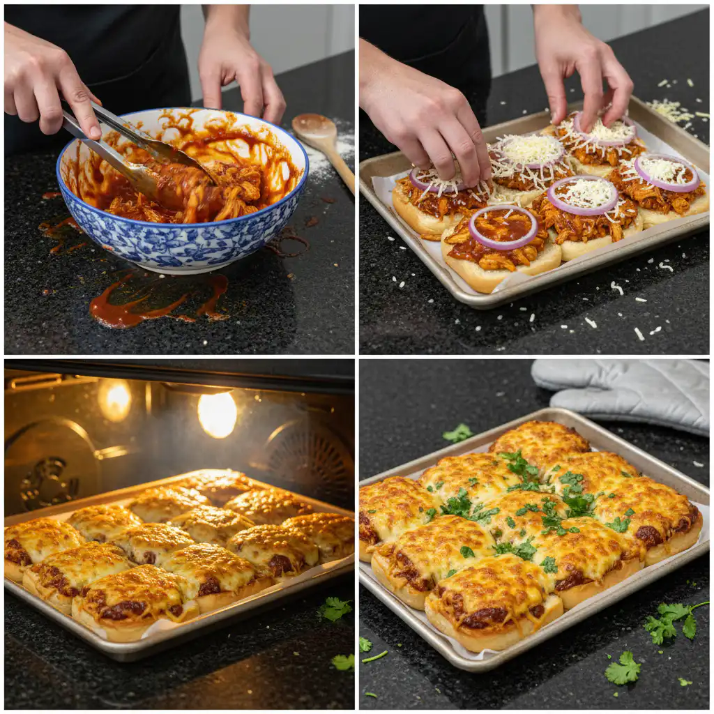 bbq-chicken-sliders-prep-shredding-sauce Shredded chicken being tossed with rich BBQ sauce in a large mixing bowl, a key step for making delicious bbq chicken sliders.