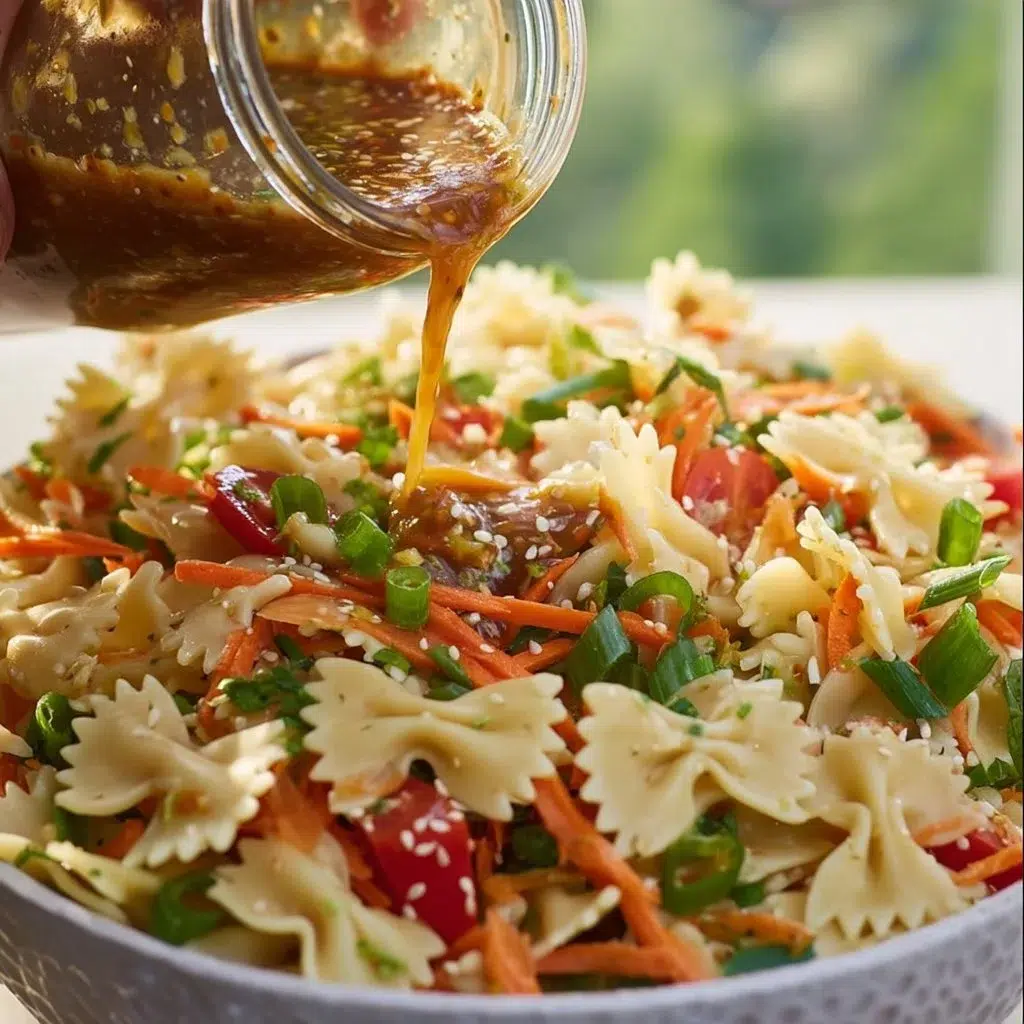 Bowl of light and tasty Asian Pasta Salad with fresh vegetables and dressing
