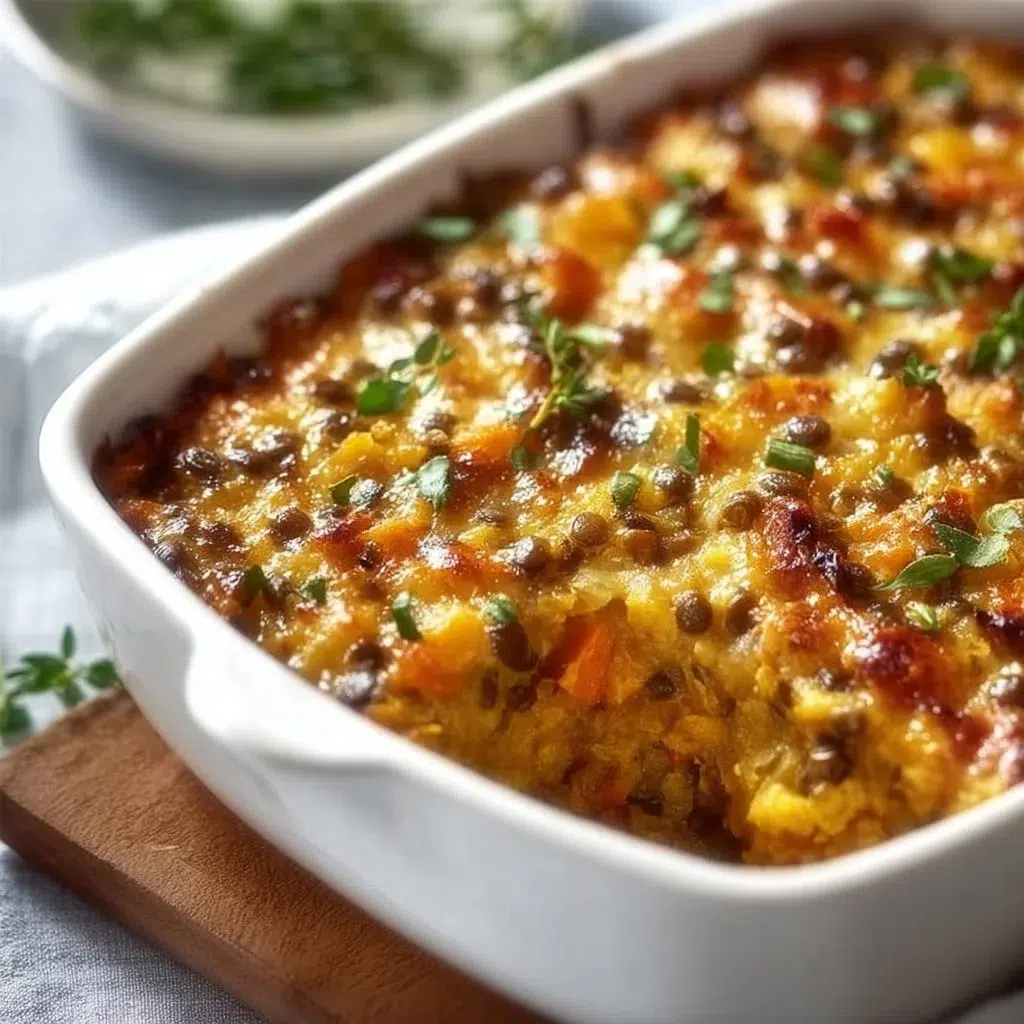 Delicious cheesy lentil bake fresh out of the oven, garnished and ready to serve.