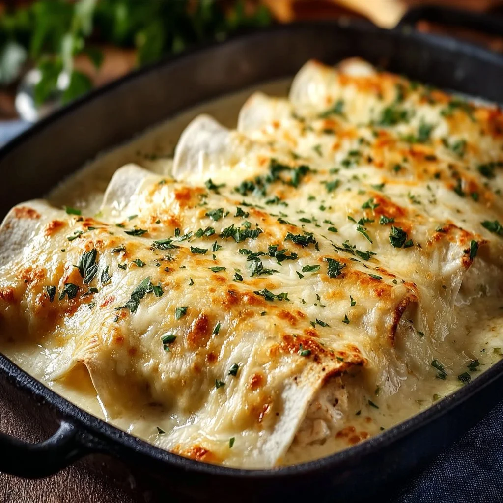 Delicious creamy white chicken enchiladas topped with cheese and cilantro