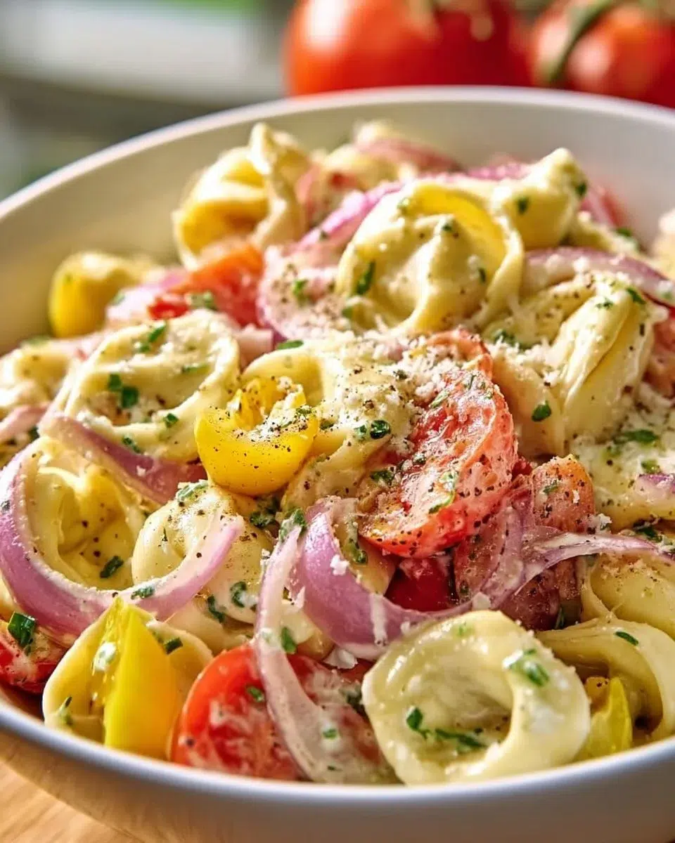 Delicious grinder tortellini salad with fresh ingredients and vibrant colors