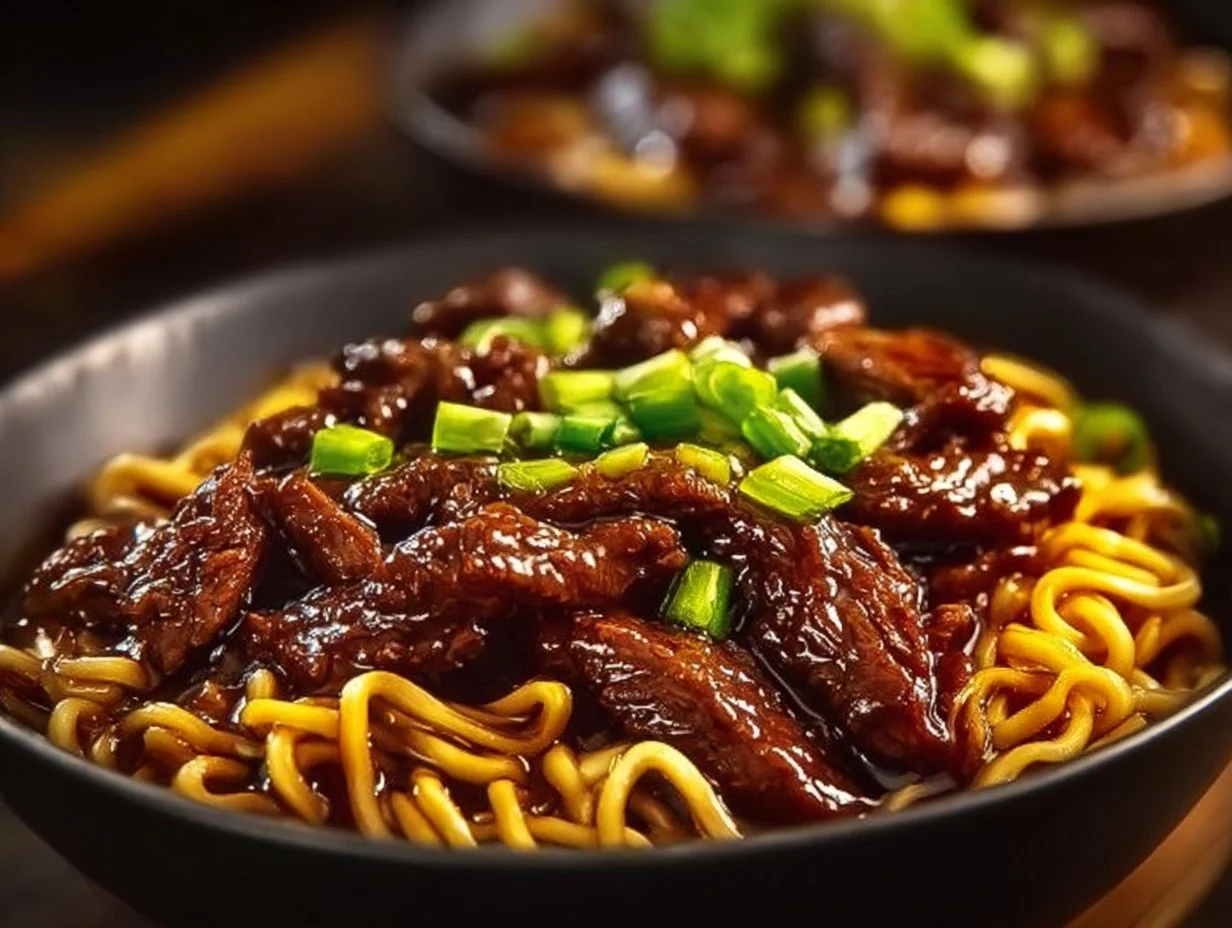 Delicious plate of sticky beef noodles, perfect for a quick family meal.