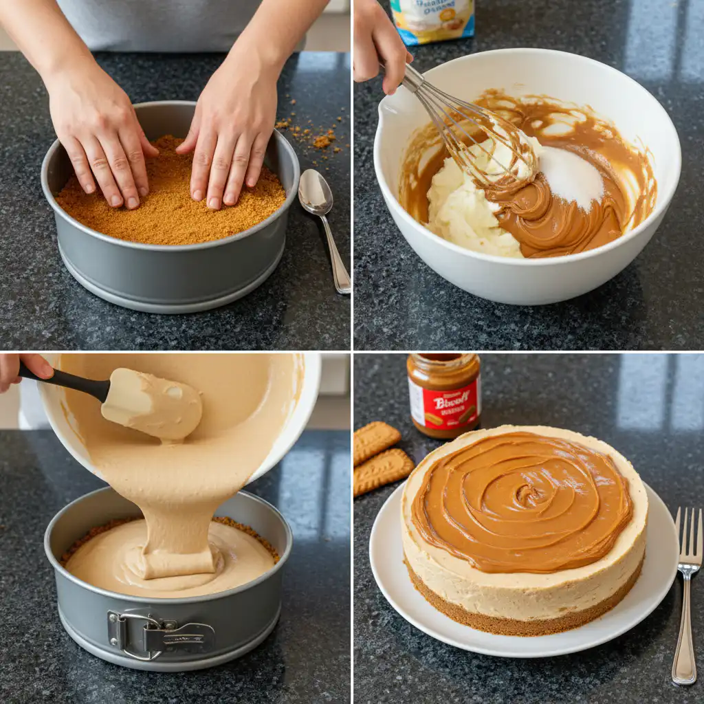 biscoff-no-bake-cheesecake-crust-preparation Hands pressing crushed Biscoff cookies into a springform pan to form the crust for a biscoff no bake cheesecake.