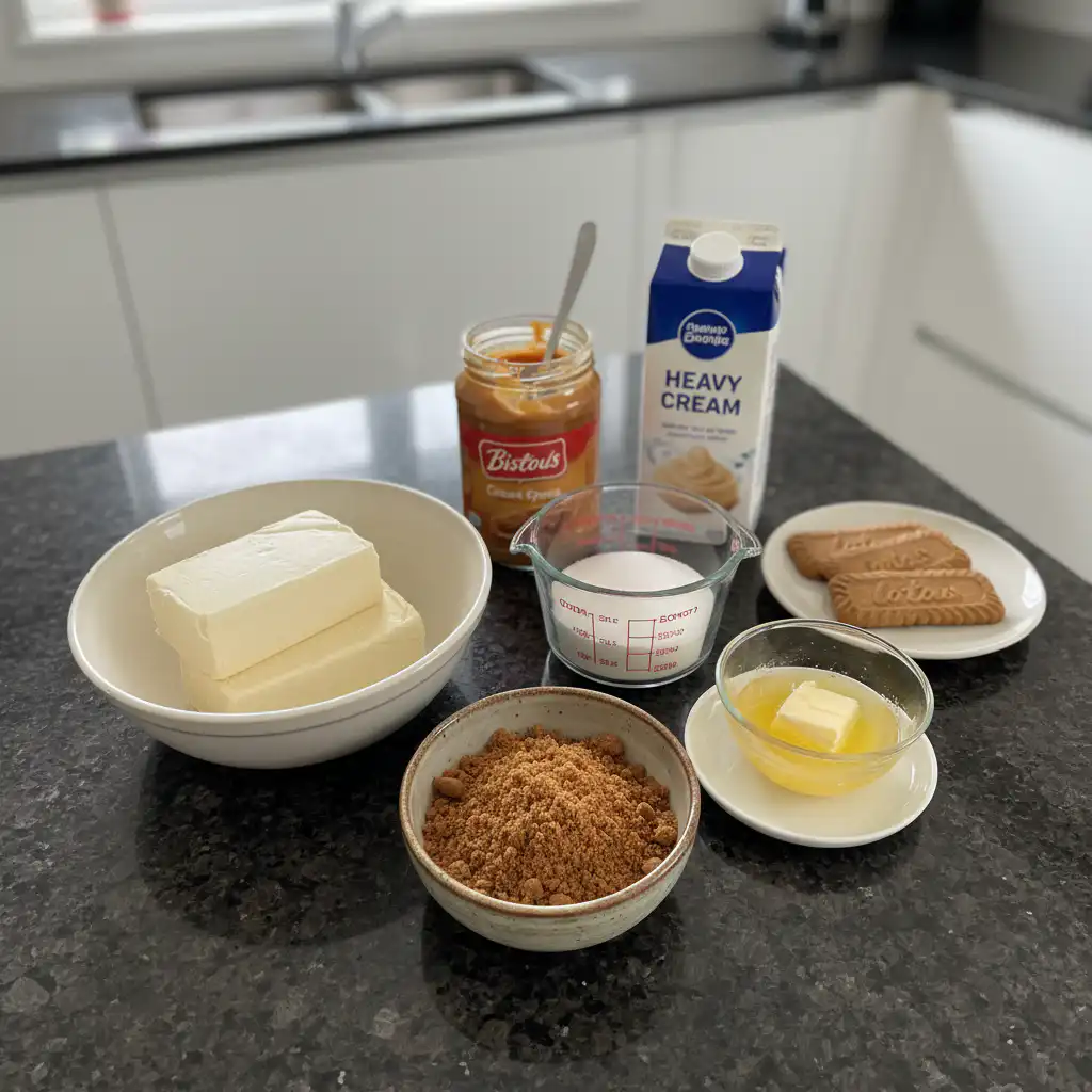 biscoff-no-bake-cheesecake-ingredients Fresh ingredients for a biscoff no bake cheesecake, including Biscoff cookies, cream cheese, and heavy cream, laid out on a counter.