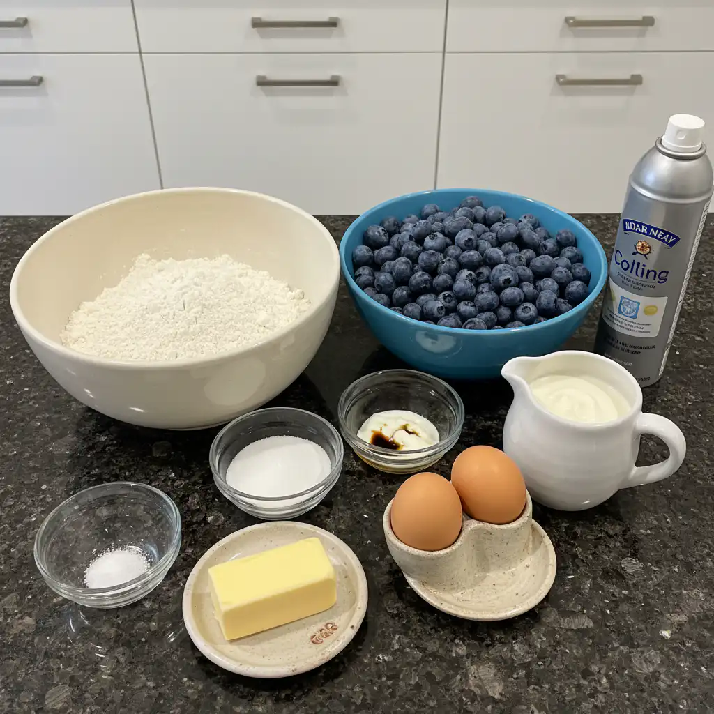 Fresh blueberries, ripe bananas, flour, sugar, and other essential ingredients laid out for blueberry banana bread.