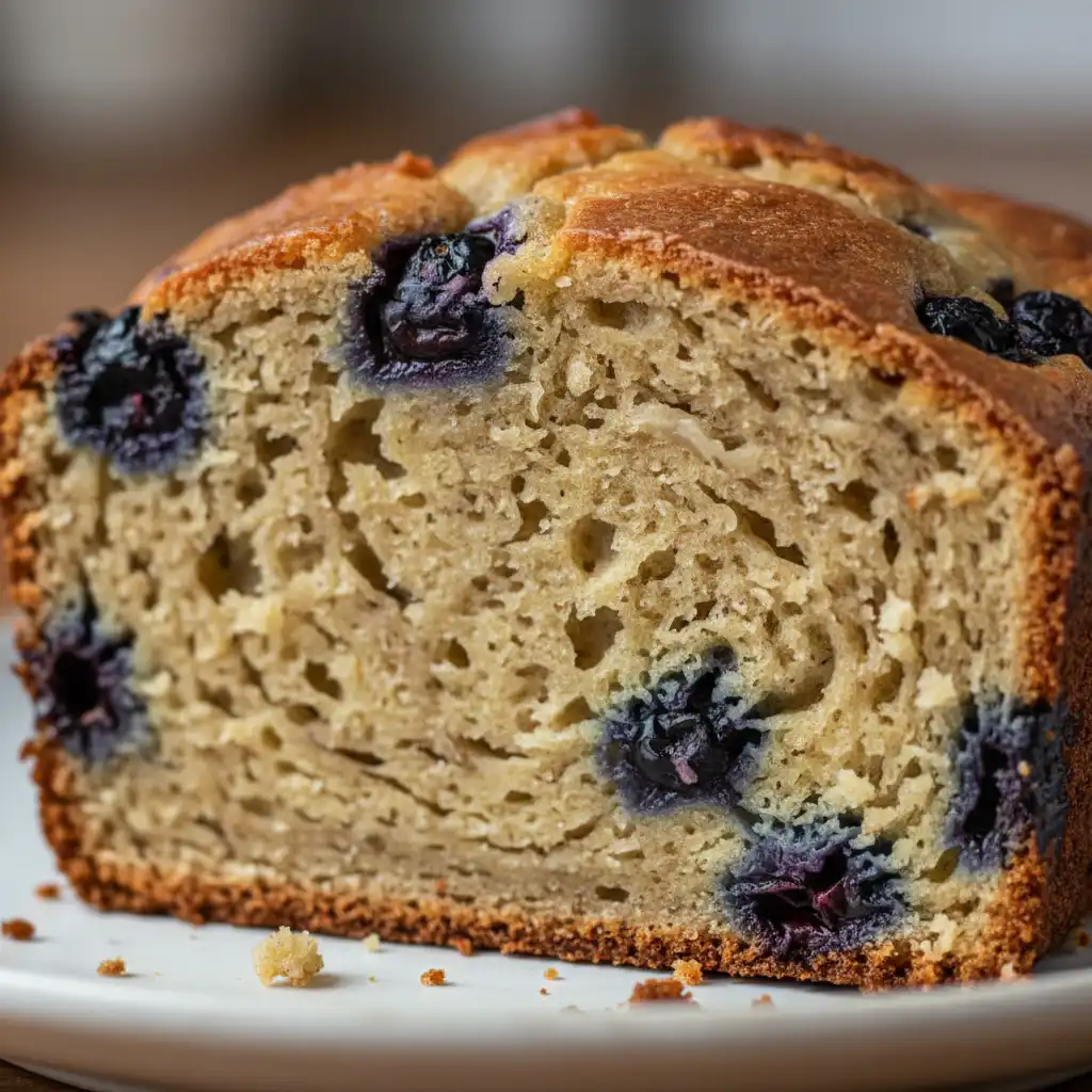 A golden-brown loaf of warm blueberry banana bread, sliced to reveal its moist texture and bursting blueberries.