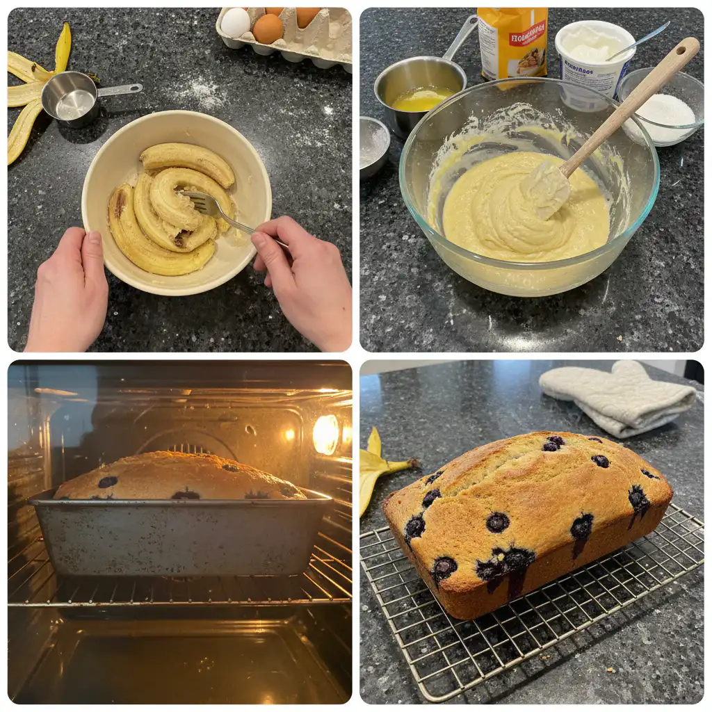 Hands gently folding fresh blueberries into the rich, creamy batter for homemade blueberry banana bread.