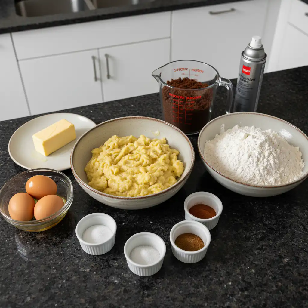 Key ingredients for brown butter banana bread laid out: ripe bananas, flour, eggs, brown butter, and sugar on a rustic surface.