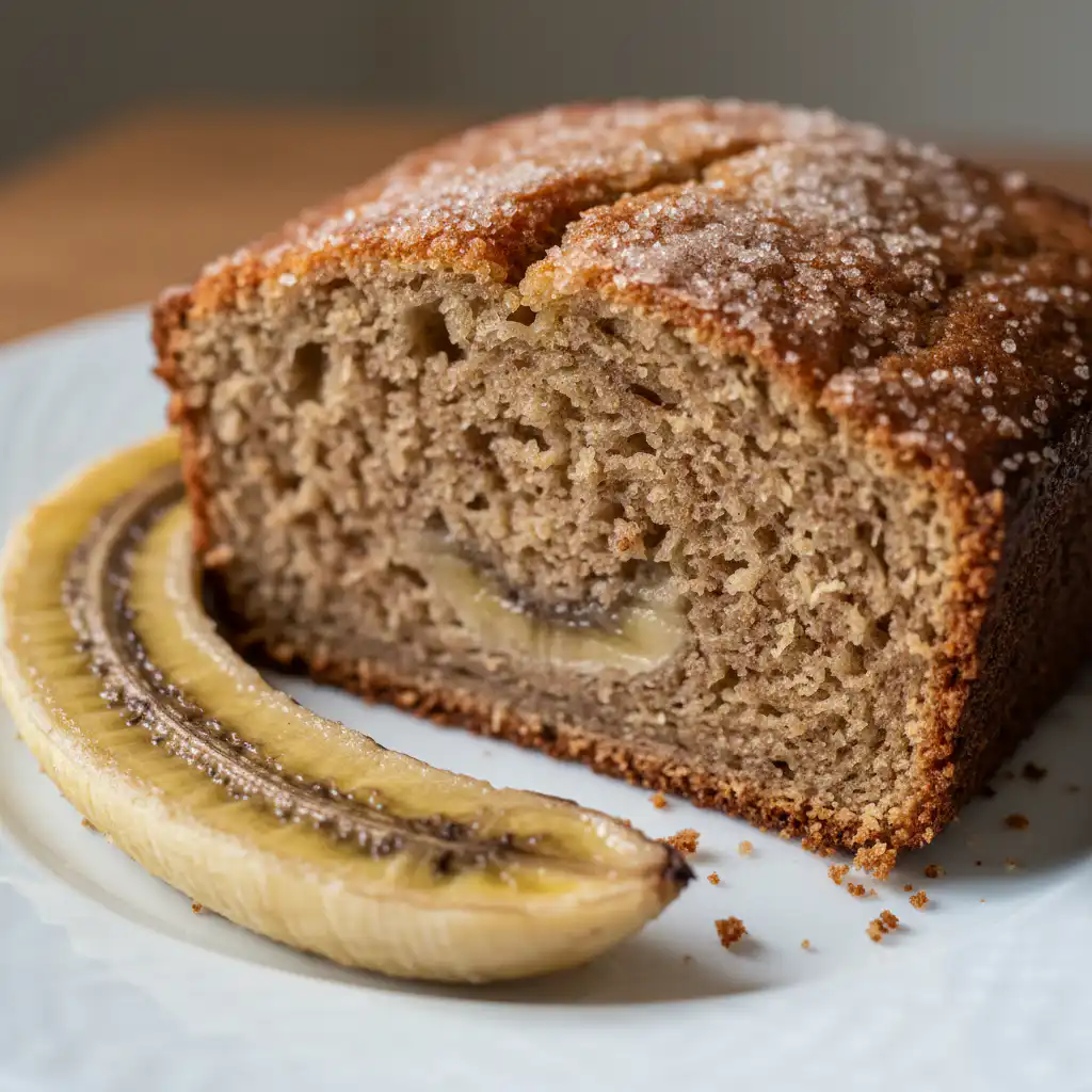 A golden-brown loaf of homemade brown butter banana bread, perfectly sliced on a wooden board, revealing its moist, tender crumb.