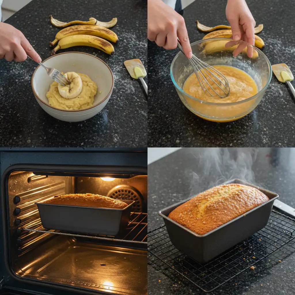 Hands folding mashed ripe bananas into a silky, rich batter infused with brown butter, preparing to bake banana bread.