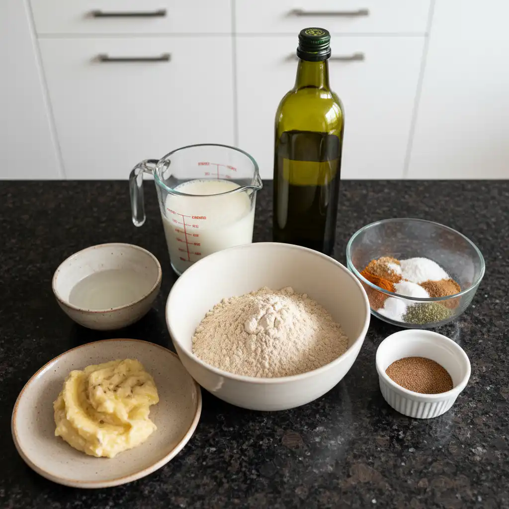 Fresh ingredients laid out on a wooden table, ready to make healthy buckwheat pancakes.