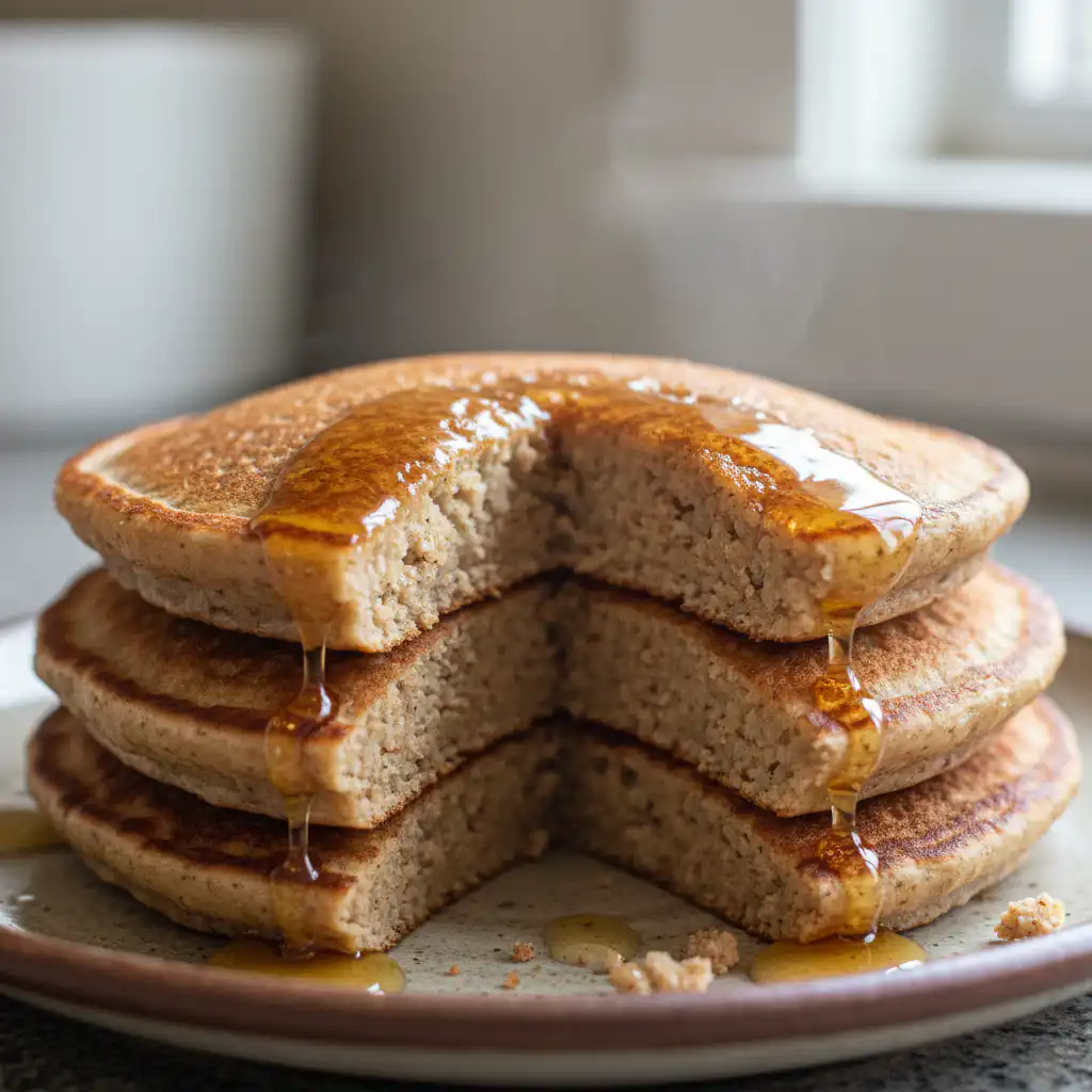 Fluffy buckwheat pancakes stacked high with berries and syrup, ready to enjoy for breakfast.