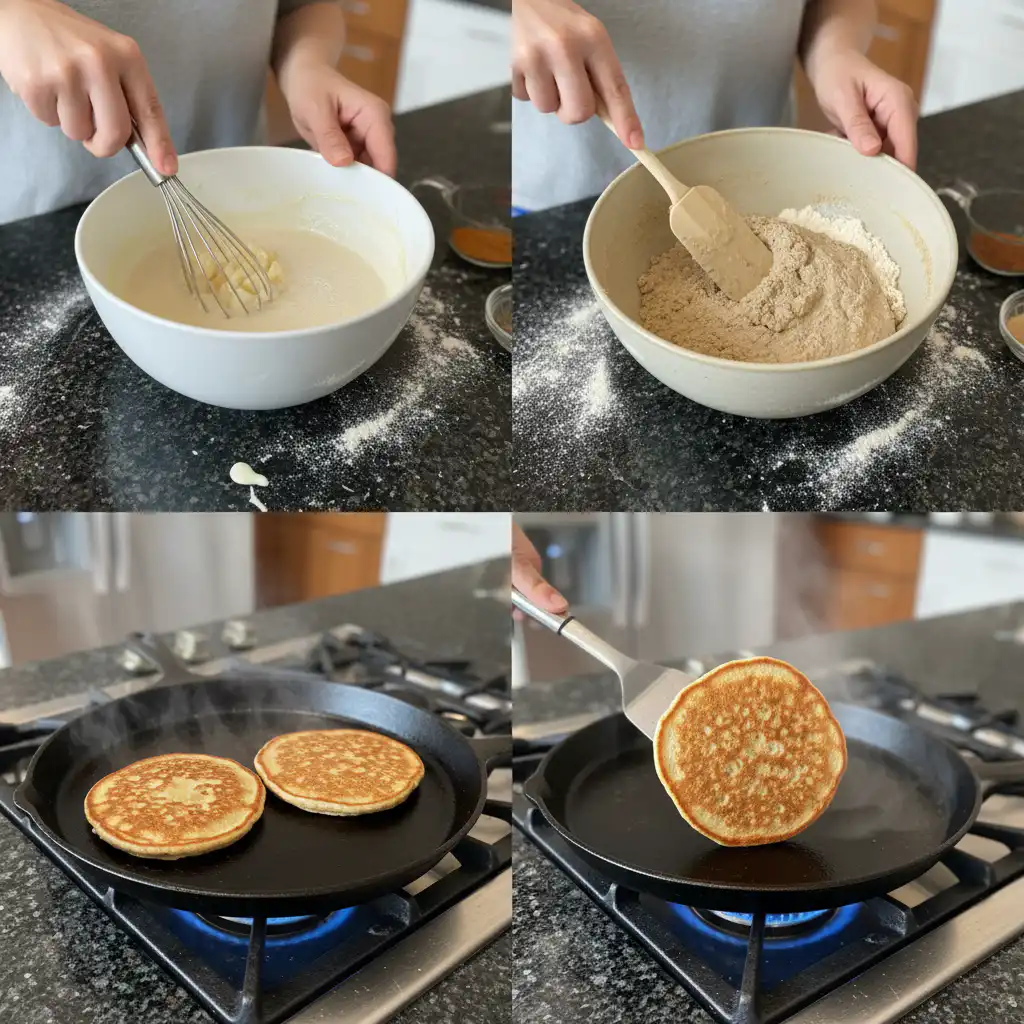Batter being poured onto a hot griddle, starting the cooking process for buckwheat pancakes.
