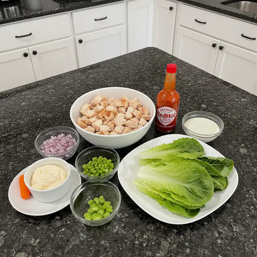 buffalo-chicken-salad-ingredients Fresh ingredients like cooked chicken, hot sauce, celery, and blue cheese for buffalo chicken salad.