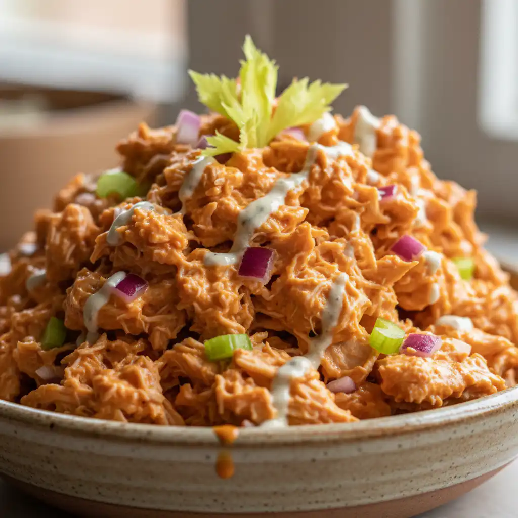 Every Meal, Made Irresistible 6 A vibrant buffalo chicken salad in a bowl, topped with fresh chives, ready to enjoy.