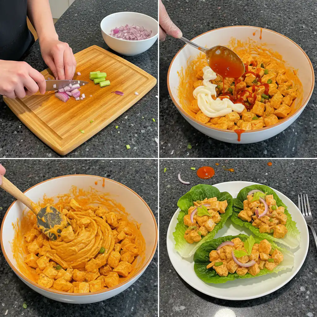 buffalo-chicken-salad-prep-mixing A hand mixing shredded chicken with creamy buffalo sauce in a bowl for a delicious buffalo chicken salad.