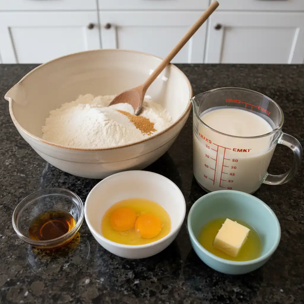 Fresh ingredients for homemade buttermilk pancakes laid out on a counter, including flour, eggs, buttermilk, and butter.