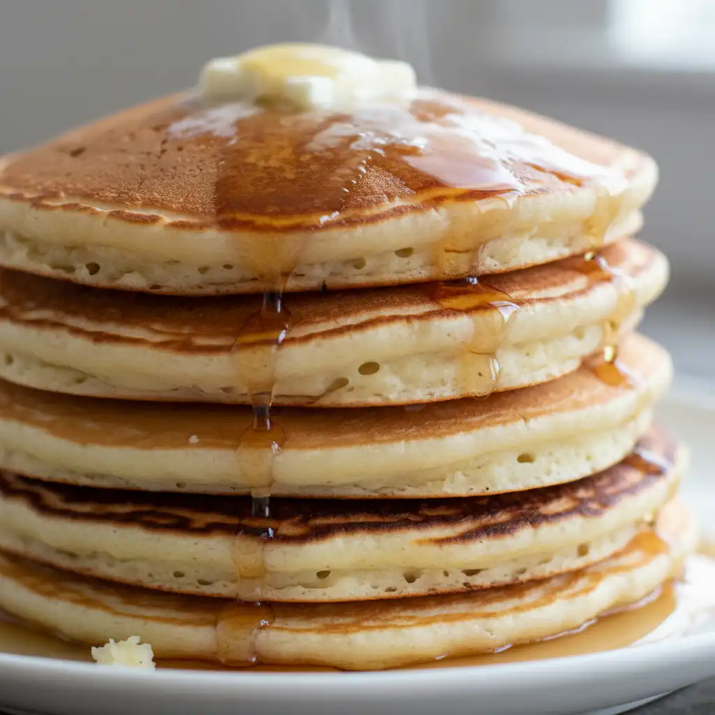 A stack of fluffy golden buttermilk pancakes drizzled with maple syrup and topped with fresh berries, ready to eat.