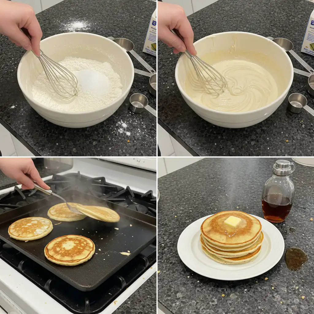 Hands whisking the smooth, creamy batter for buttermilk pancakes in a large mixing bowl.