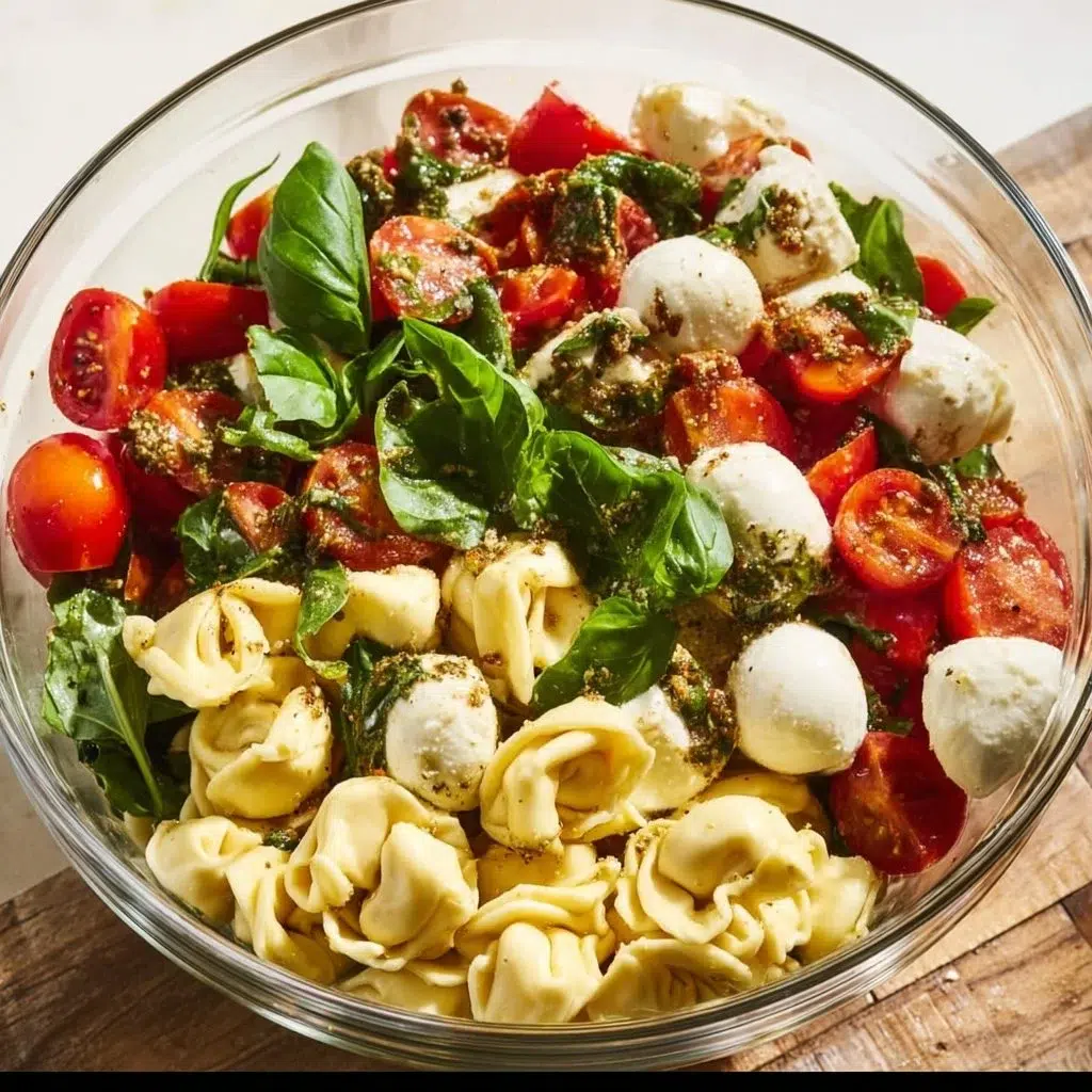 Caprese Salad with Tortellini featuring fresh mozzarella, tomatoes, and basil