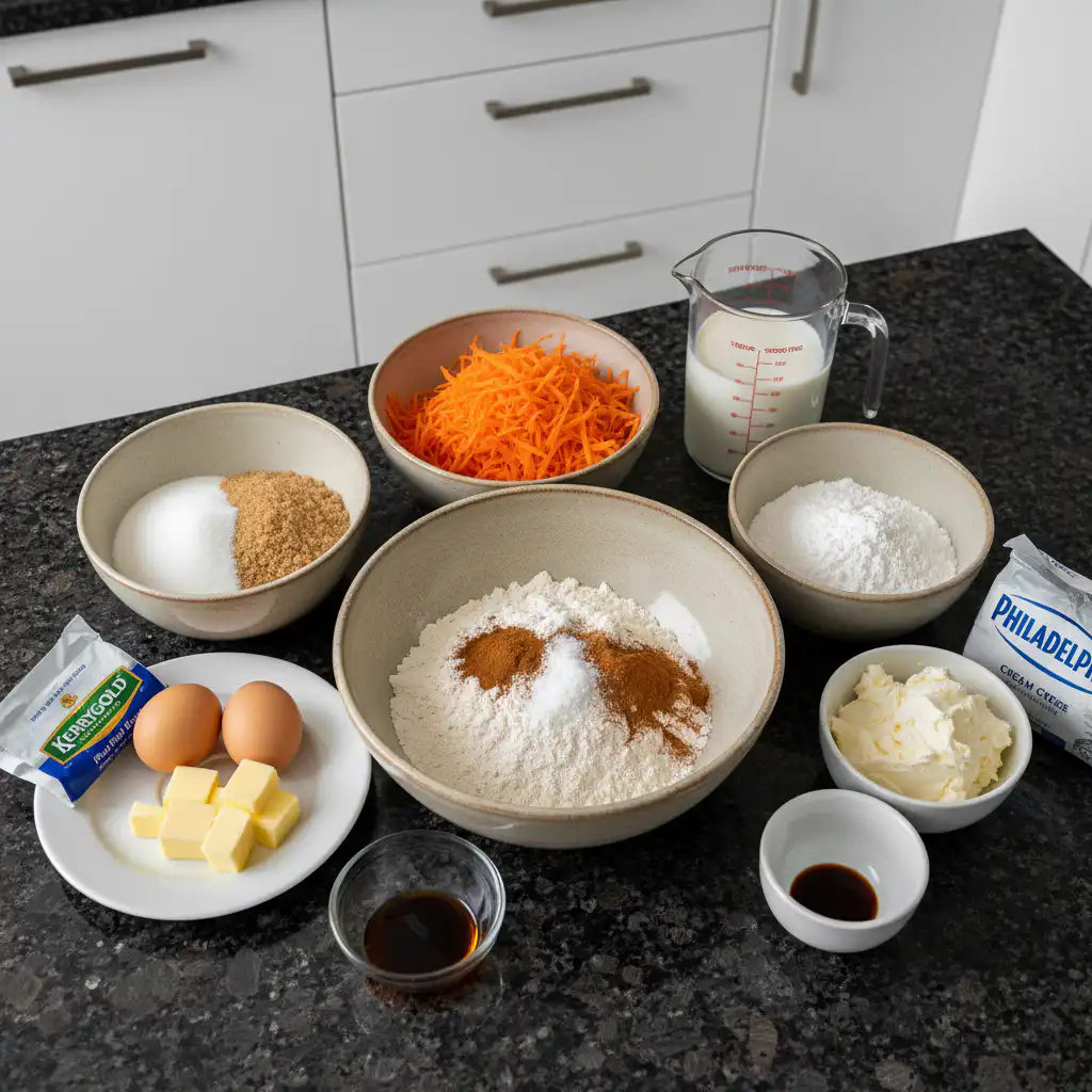 Fresh grated carrots, flour, spices, and other essential ingredients laid out for making carrot cake cookies.
